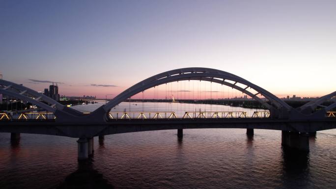 哈尔滨松花江铁路桥夜景航拍