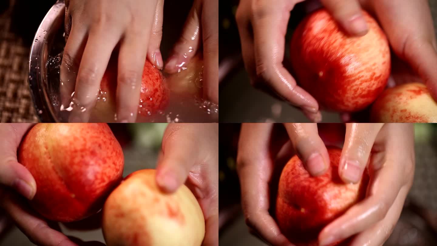 特写食材刷洗桃子水蜜桃水果