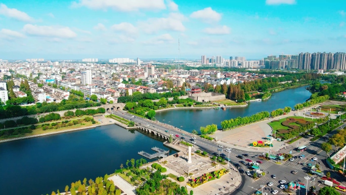 航拍荆州古城东门，荆州古城历史文化宾阳楼