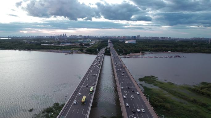 哈尔滨公路大桥城市风光航拍