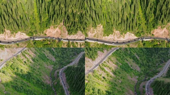 航拍山间道路公路森林 山脉 车流 俯瞰