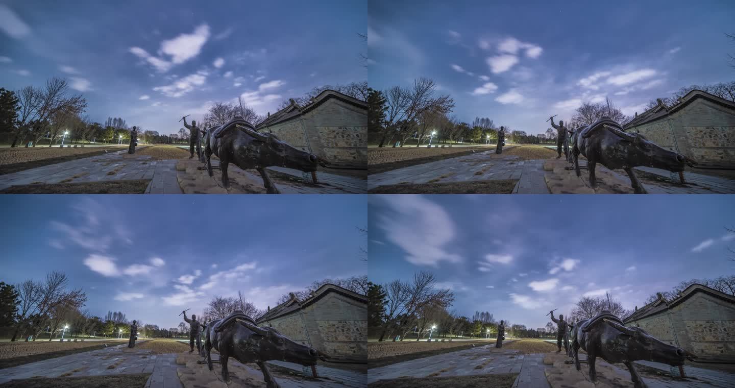北京北坞公园铁牛雕塑夜间白云星空延时摄影