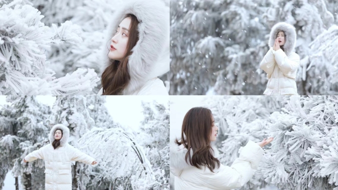 年轻女子在冰雪世界中