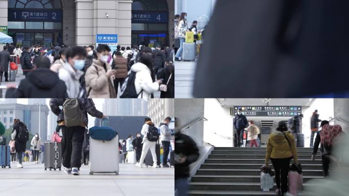 汉口火车站春运人群延时摄影排队拖行李箱
