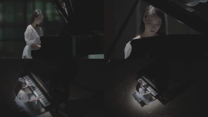 女生在黑暗环境下弹奏钢琴