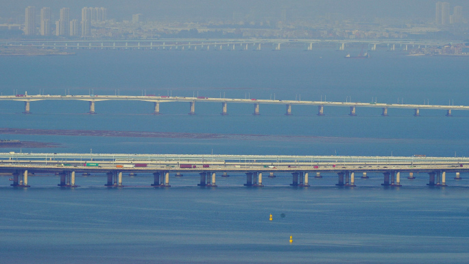 跨海大桥和飞机起飞降落码头集装箱4K素材