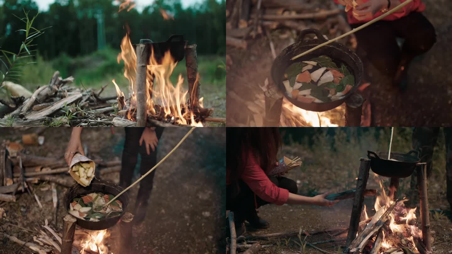 长白山挖参人用篝火煮野蘑菇