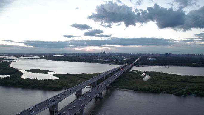 哈尔滨公路大桥城市风光航拍