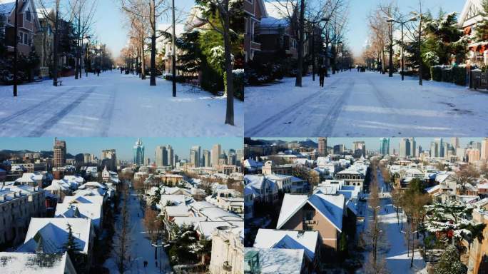 航拍雪景下雪七七街日本风情街