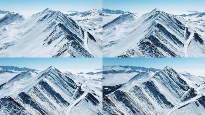 冬季蓝天下夹金山白雪覆盖航拍美景