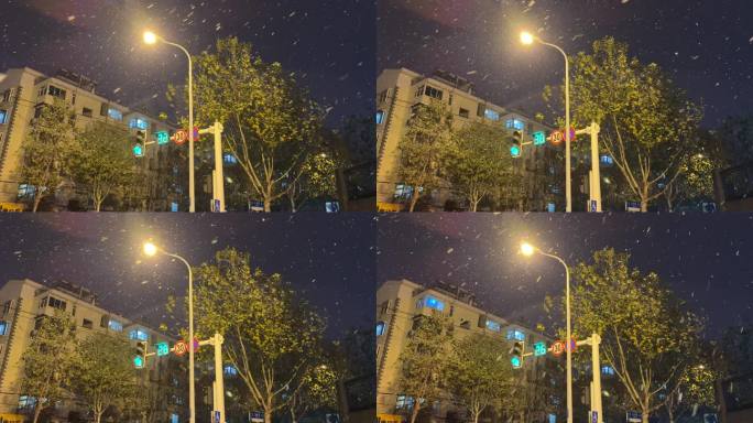 雪景灯光下的红绿灯