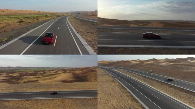 新能源汽车行驶在沙漠公路