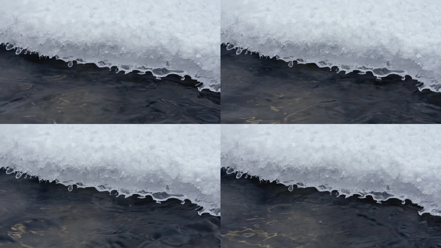 4k特写冰雪融化唯美水滴河流小溪
