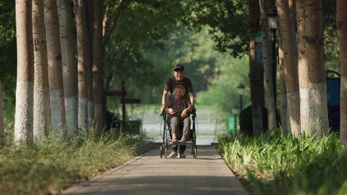 老人丈夫推着坐在轮椅上的妻子在公园散步