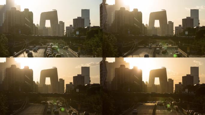 北京长安街央视黄昏车流 太阳光线变化