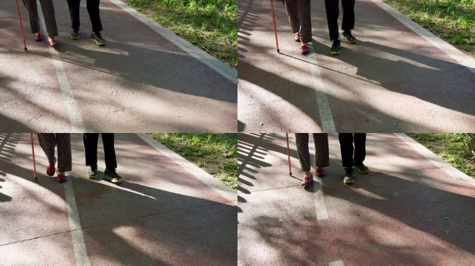 老人傍晚老年夫妇拄着拐杖在公园散步
