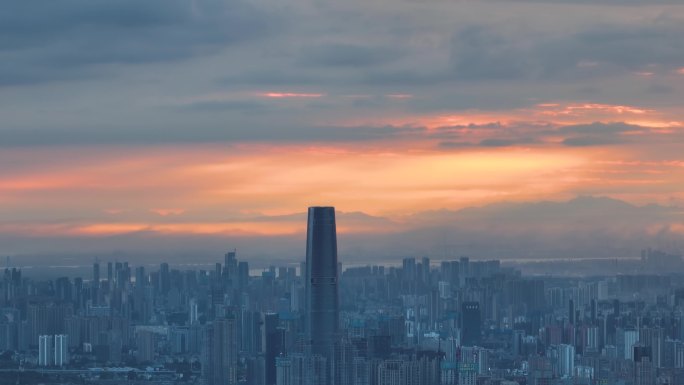 武汉夏季城市天际线日出风光