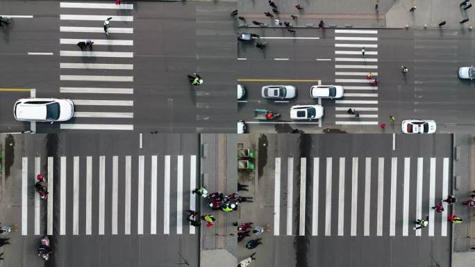 学校门口交警护送学生过马路航拍