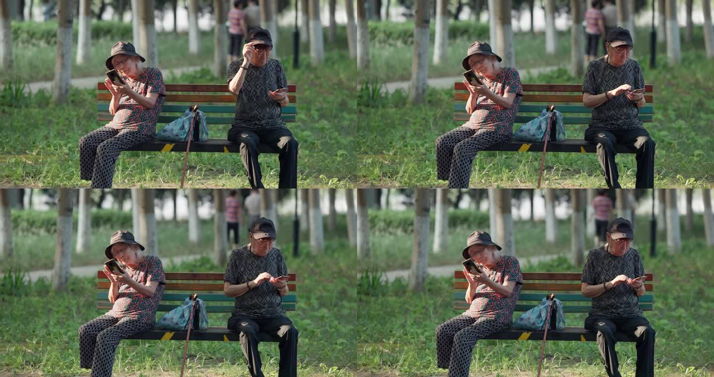 老人夫妇在公园长椅上各自看着自己的手机