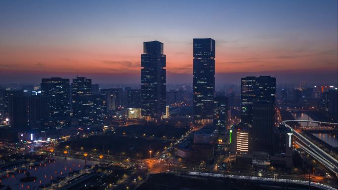 航拍郑州东站双子塔夜景延时