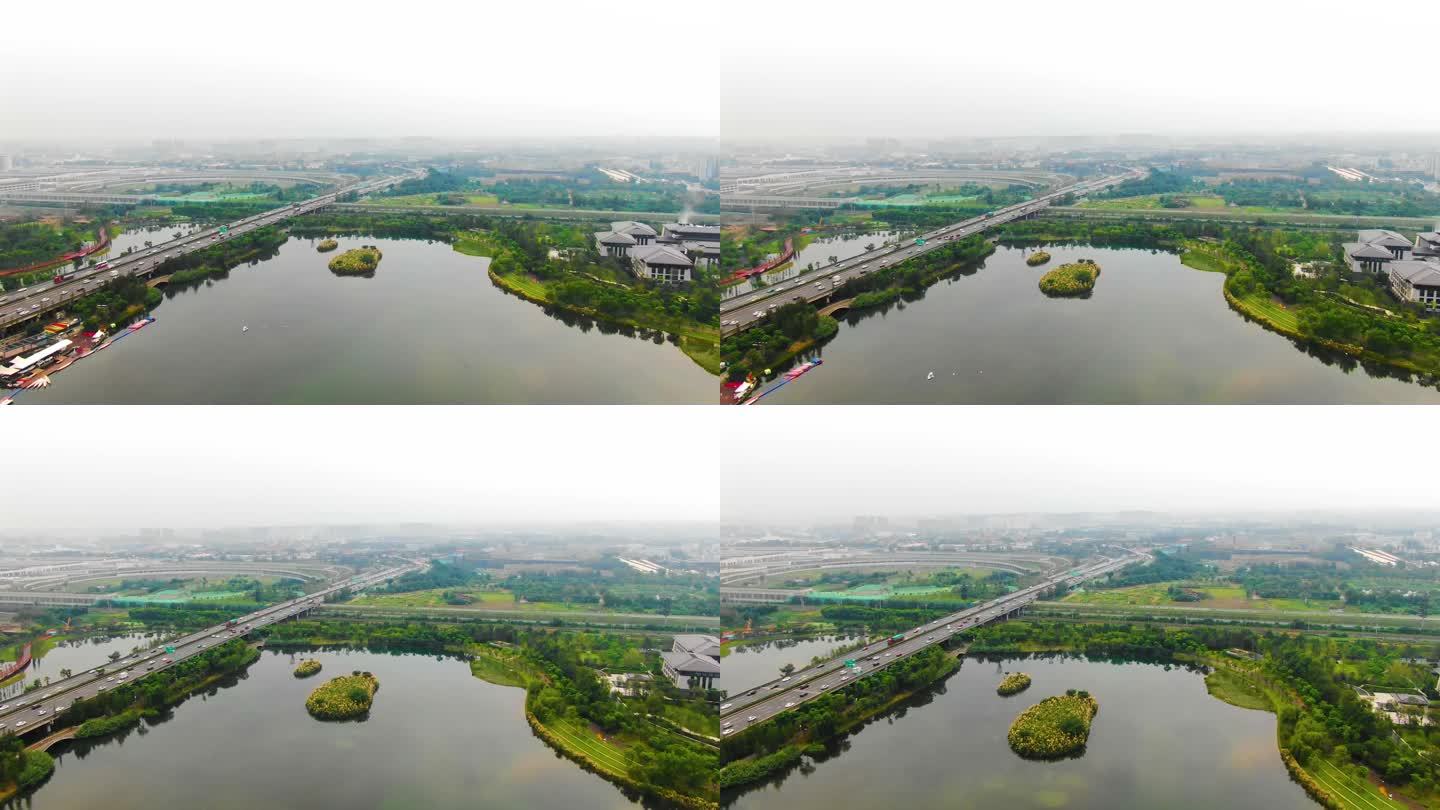 锦城湖锦城公园绿色城市天府大道远景航拍