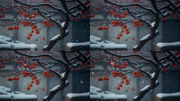 冬日柿子树飘雪
