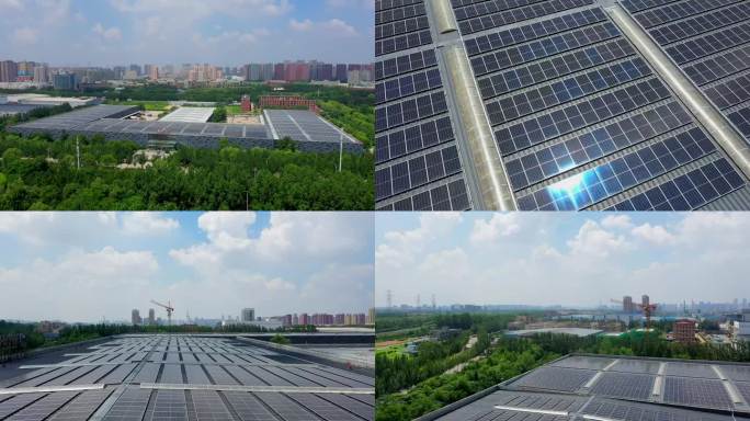 航拍城市屋顶光伏 新能源光伏板绿色能源