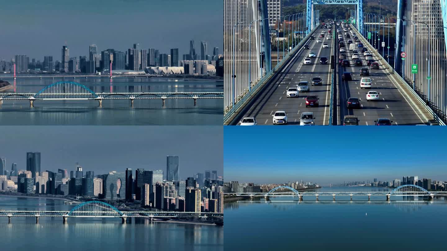 航拍杭州复兴大桥4k 奥体中心