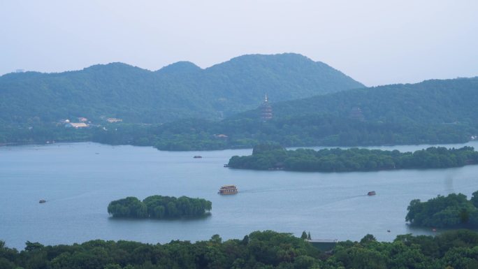 杭州西湖雷峰塔游船来往延时