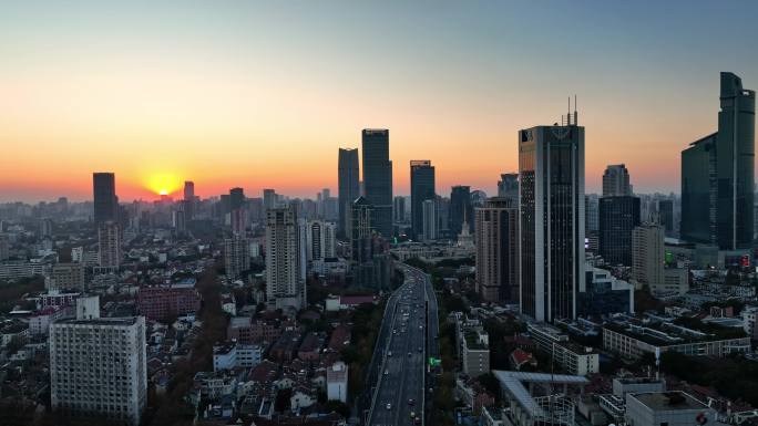 上海静安区繁华商业区与高架路日落盛景航拍