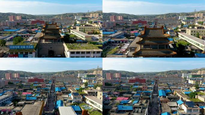 航拍山西忻州偏头关城楼人间烟火