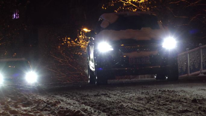 路灯雪花雪夜风雪夜归人车灯照射下的雪花