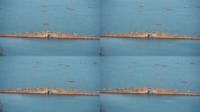 杭州西湖断桥游客游船来往延时