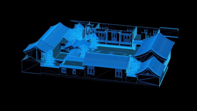 蓝色科技线条中式建筑四合院透明通道素材