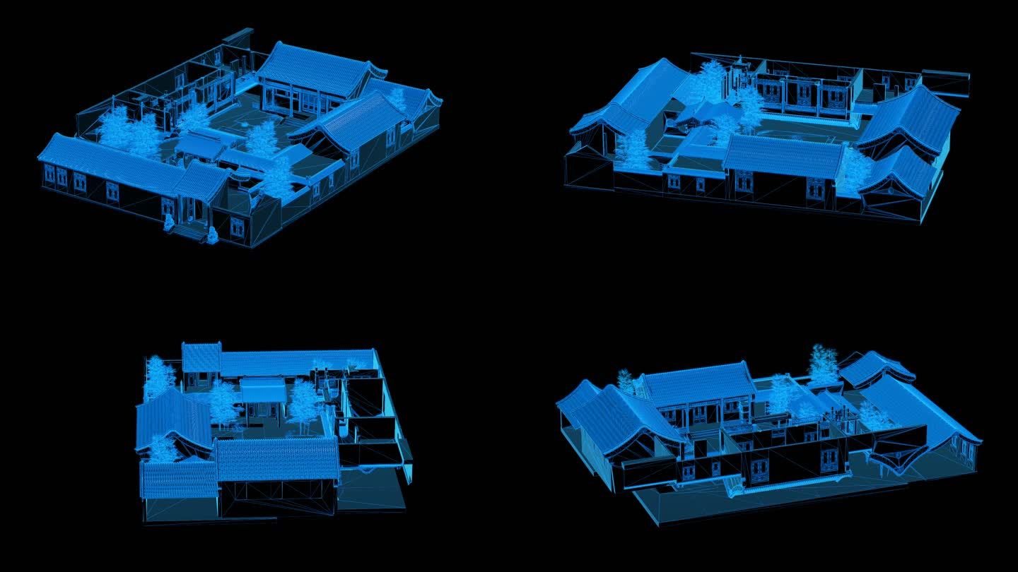蓝色科技线条中式建筑四合院透明通道素材