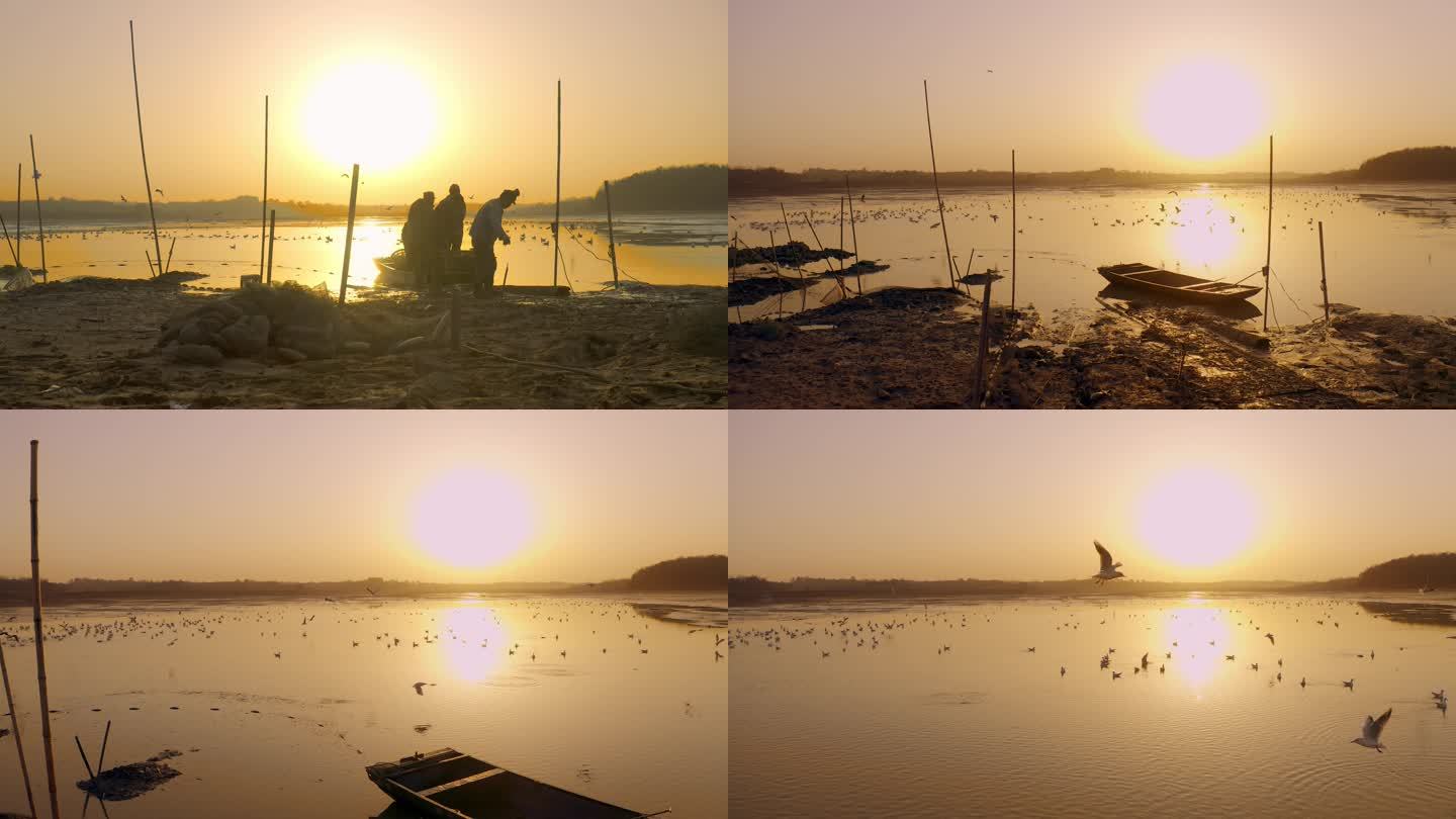 4k   湖边夕阳捕鱼