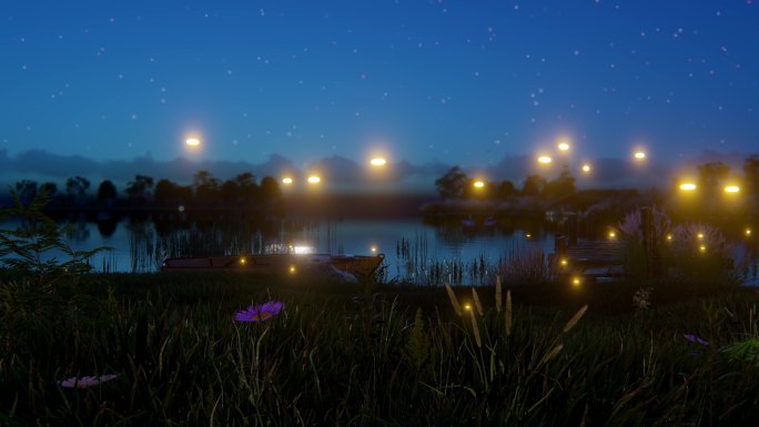 户外湿地公园湖边萤火虫