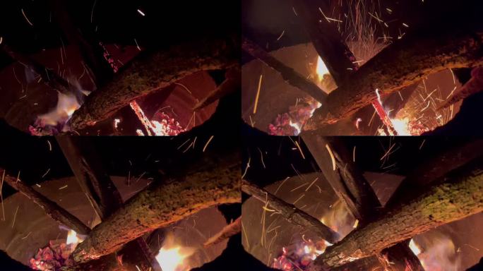室外野外篝火柴火烧火火花火光实拍原素材