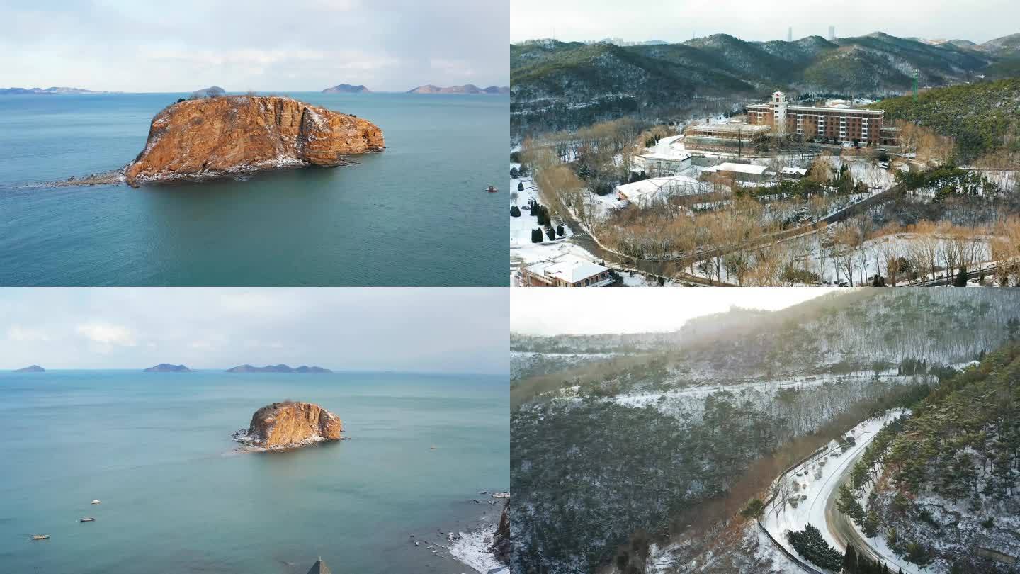 航拍棒棰岛雪景滨海路雪景海边雪景棒槌岛