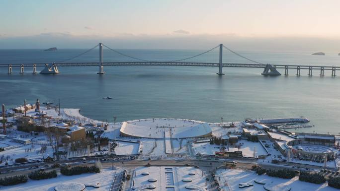 大连星海广场冬季雪景航拍