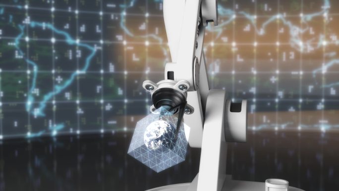 科技机械手臂与装在芯片里的地球3D动画