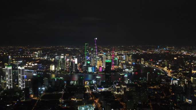 2020航拍国庆节上海外滩灯光秀全域