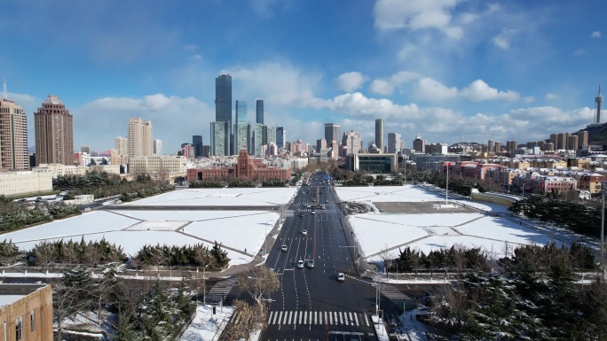 大连雪景航拍蓝天白云