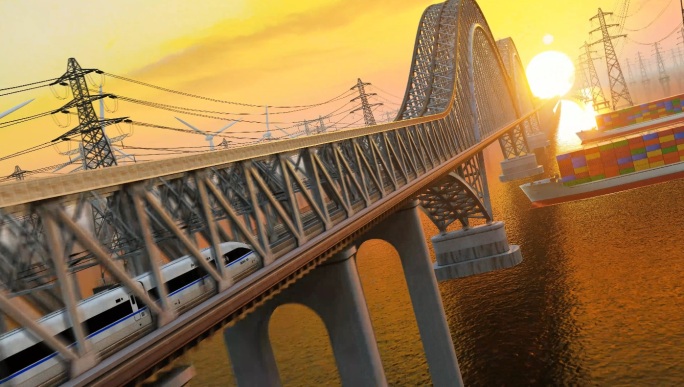 高铁和谐号日出列车穿梭桥梁宣传视频素材