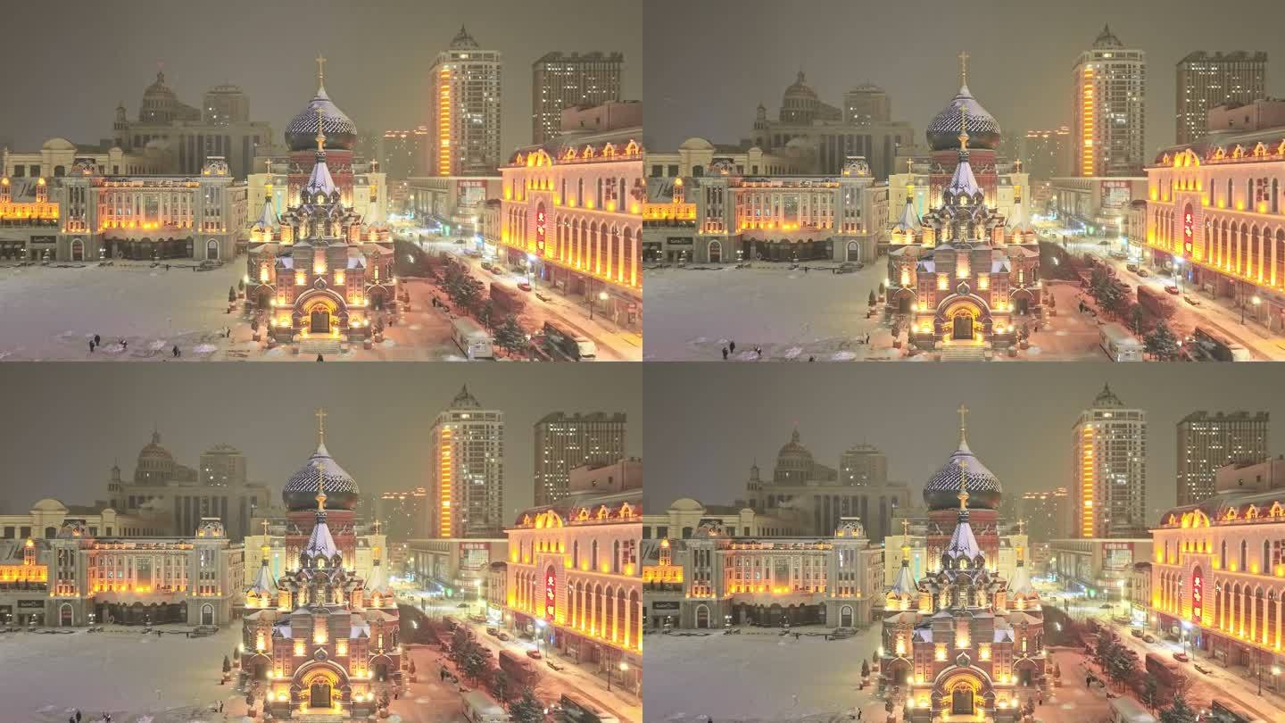 哈尔滨大教堂夜景航拍