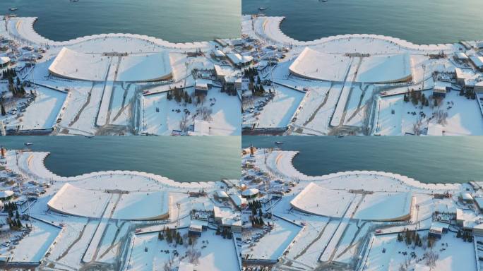大连星海广场百年城雕雪景航拍