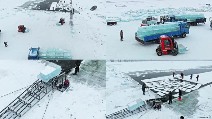 雪天哈尔滨松花江取冰