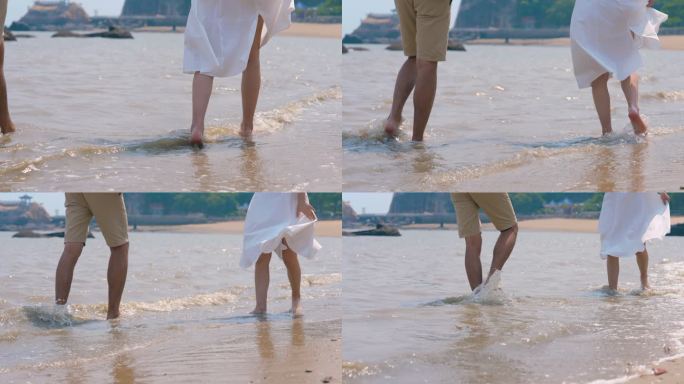 情侣 光脚 漫步 沙滩