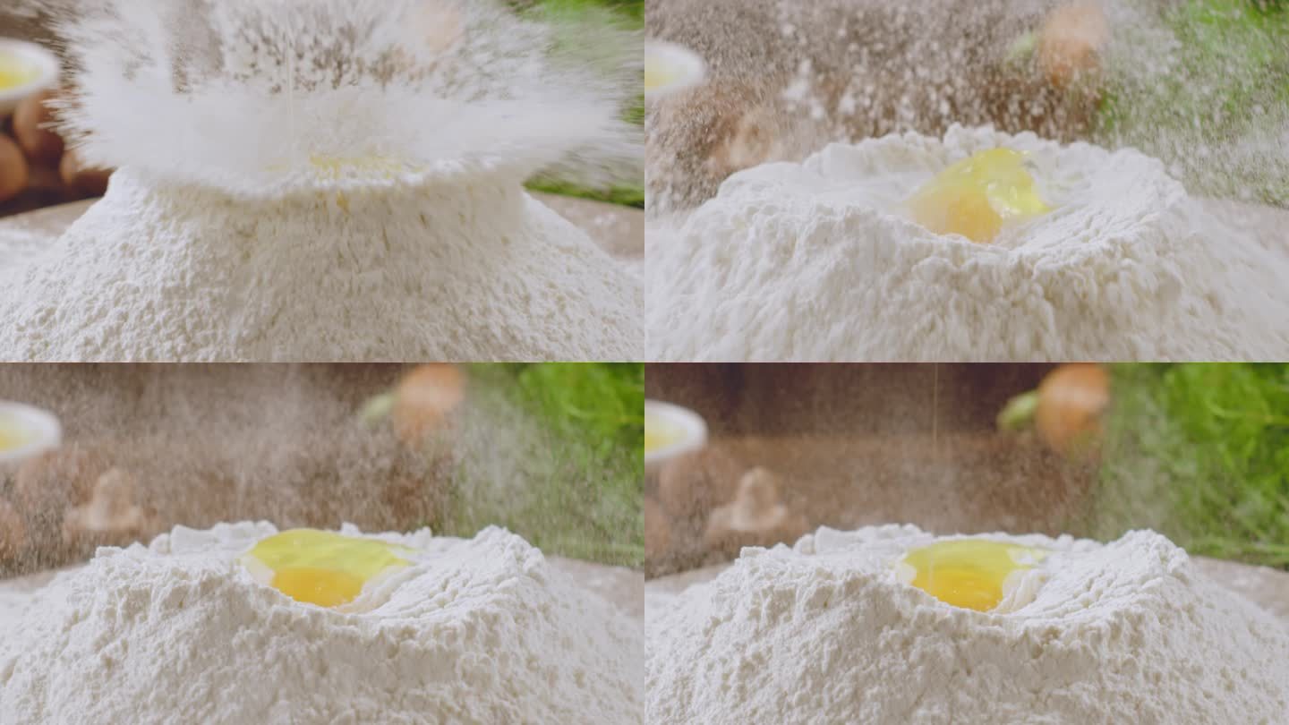 鸡蛋掉入面粉里 面粉飞溅