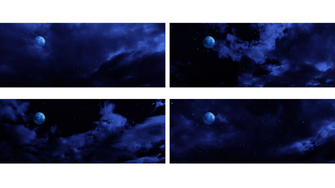 【宽屏天空】蓝色夜空多云中秋满月星光云雾